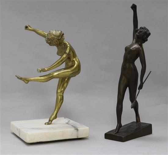 An Art Deco bronze dancer, signed Bierling and another similar brass dancer